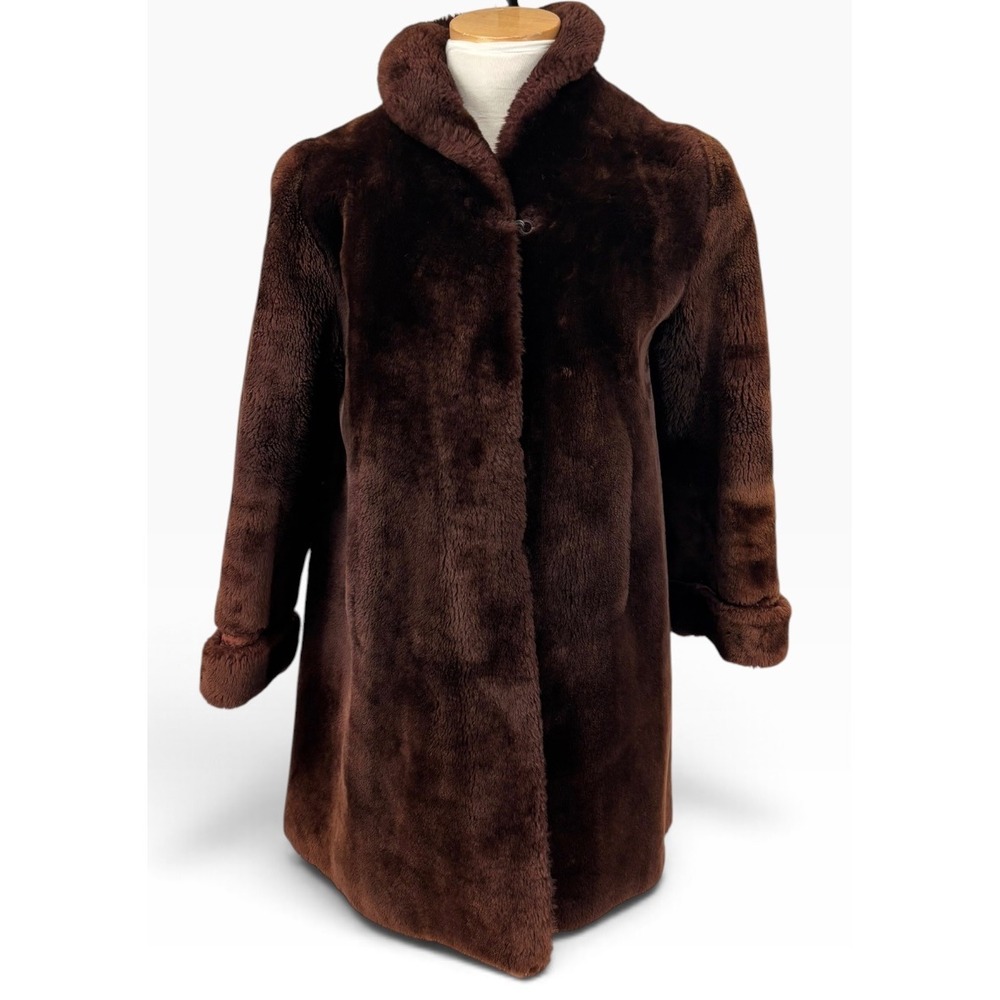 Vintage 50s Mouton Lamb Fur Coat Women Small Brown Mid-Length Luxury Glam